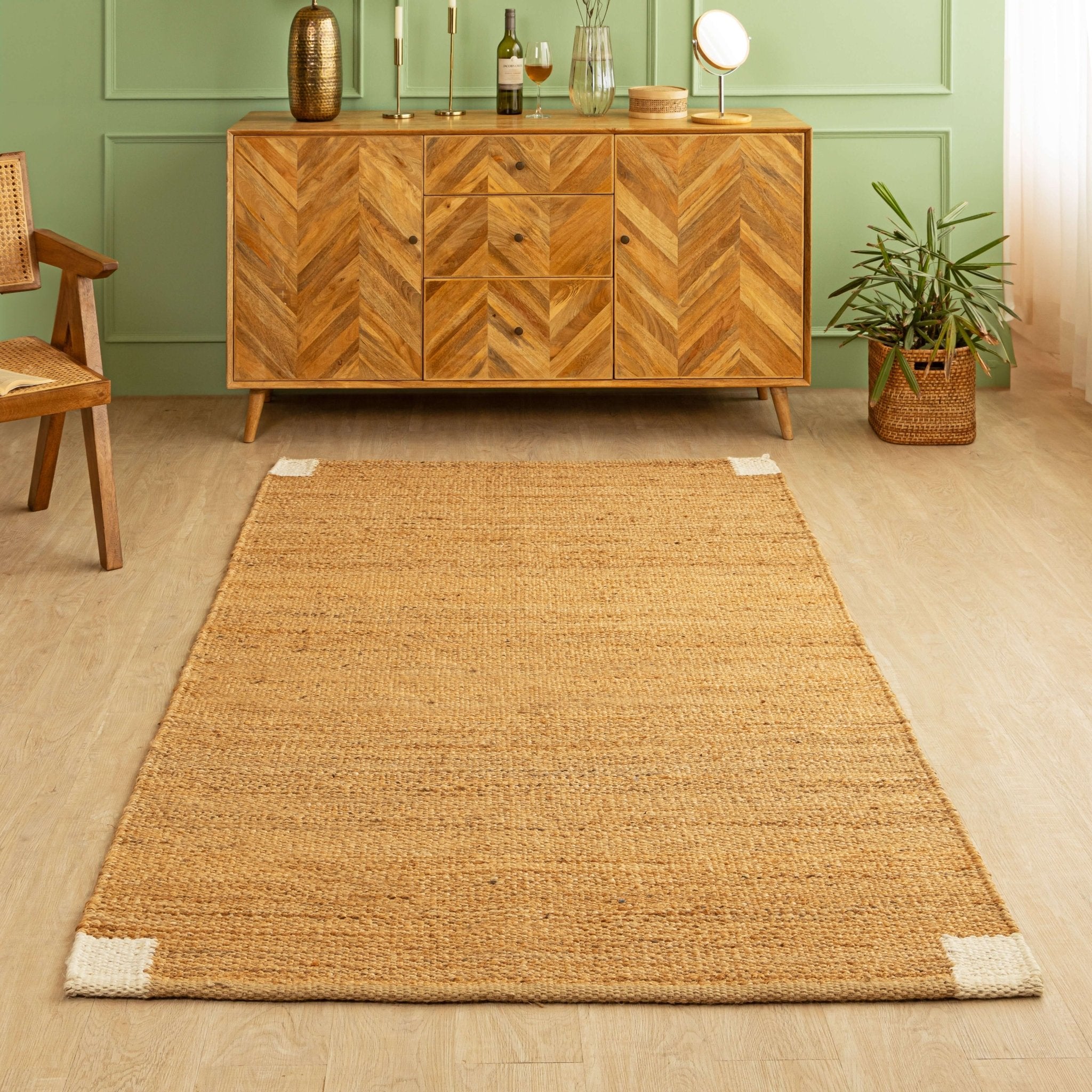 Handwoven Natural Hemp Rug with Subtle White Corner Accents - Minimalist Flatweave - Gahlot International