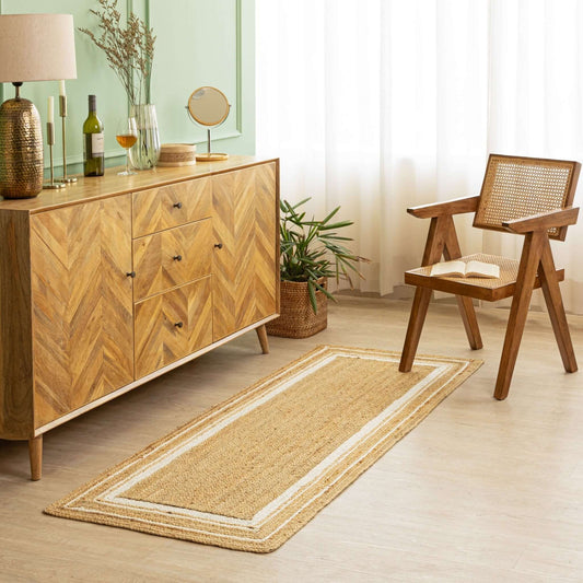 Handwoven Natural Hemp Runner Rug with Bordered Accents - Eco - Friendly Flatweave Design - Gahlot International