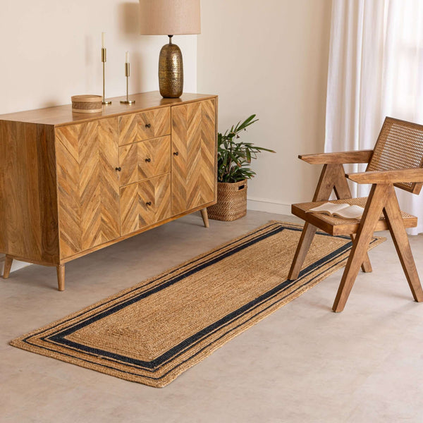 Handwoven Natural Hemp Runner Rug with Bordered Accents - Eco - Friendly Flatweave Design - Gahlot International