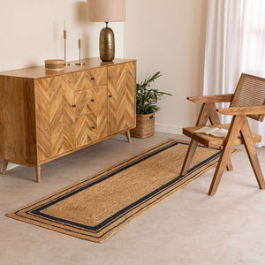 Handwoven Natural Hemp Runner Rug with Bordered Accents - Eco - Friendly Flatweave Design - Gahlot International