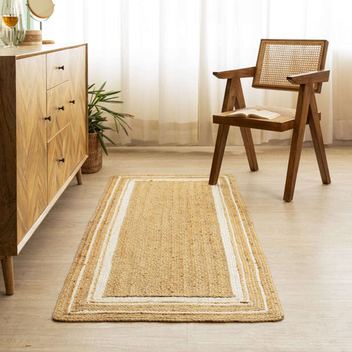 Handwoven Natural Hemp Runner Rug with Bordered Accents - Eco - Friendly Flatweave Design - Gahlot International