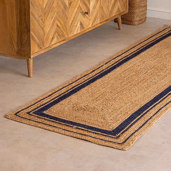 Handwoven Natural Hemp Runner Rug with Bordered Accents - Eco - Friendly Flatweave Design - Gahlot International