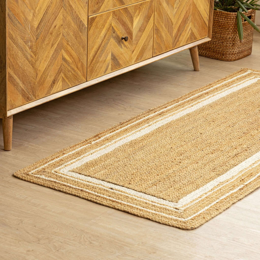 Handwoven Natural Hemp Runner Rug with Bordered Accents - Eco - Friendly Flatweave Design - Gahlot International