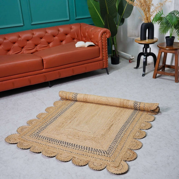 Handwoven Scalloped Border Hemp Area Rug with Charcoal Accents - Natural Boho Charm - Gahlot International