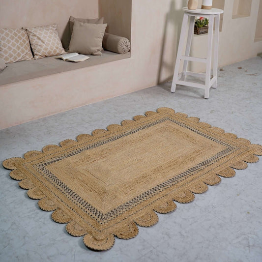 Handwoven Scalloped Border Hemp Area Rug with Charcoal Accents - Natural Boho Charm - Gahlot International