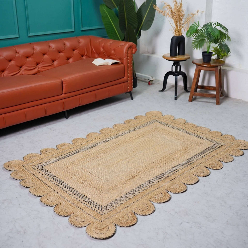 Handwoven Scalloped Border Hemp Area Rug with Charcoal Accents - Natural Boho Charm - Gahlot International