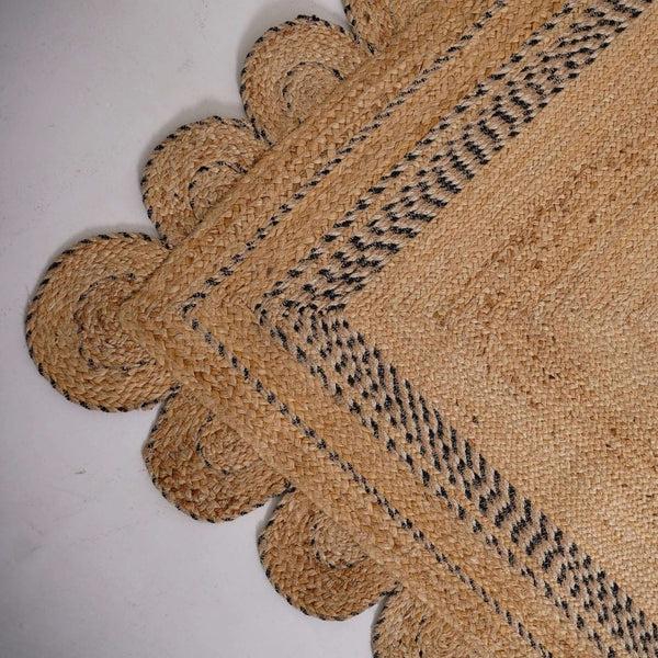 Handwoven Scalloped Border Hemp Area Rug with Charcoal Accents - Natural Boho Charm - Gahlot International