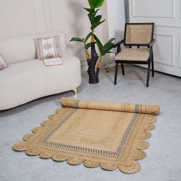 Handwoven Scalloped Border Hemp Area Rug with Charcoal Accents - Natural Boho Charm - Gahlot International