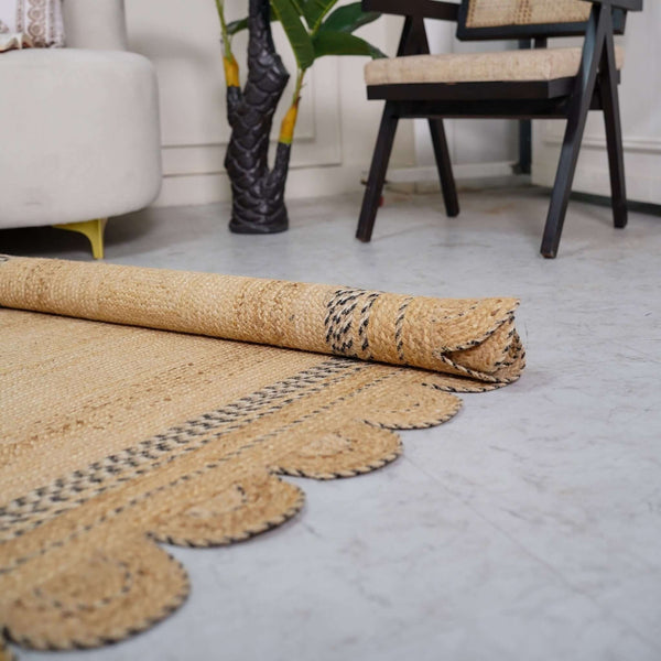 Handwoven Scalloped Border Hemp Area Rug with Charcoal Accents - Natural Boho Charm - Gahlot International