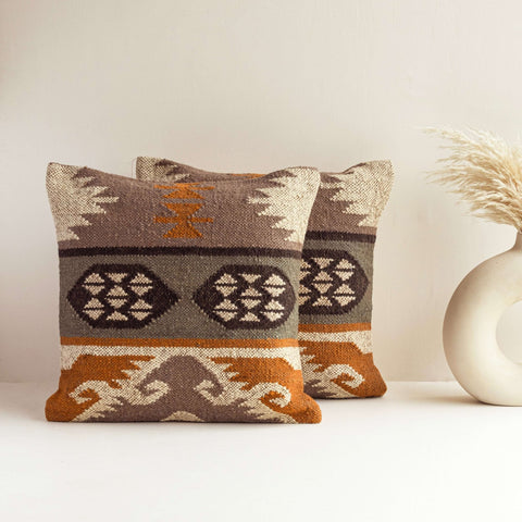 Handwoven Wool - Jute Cushion Covers - Ethnic Aztec Design, Rustic Bohemian Style - Gahlot International