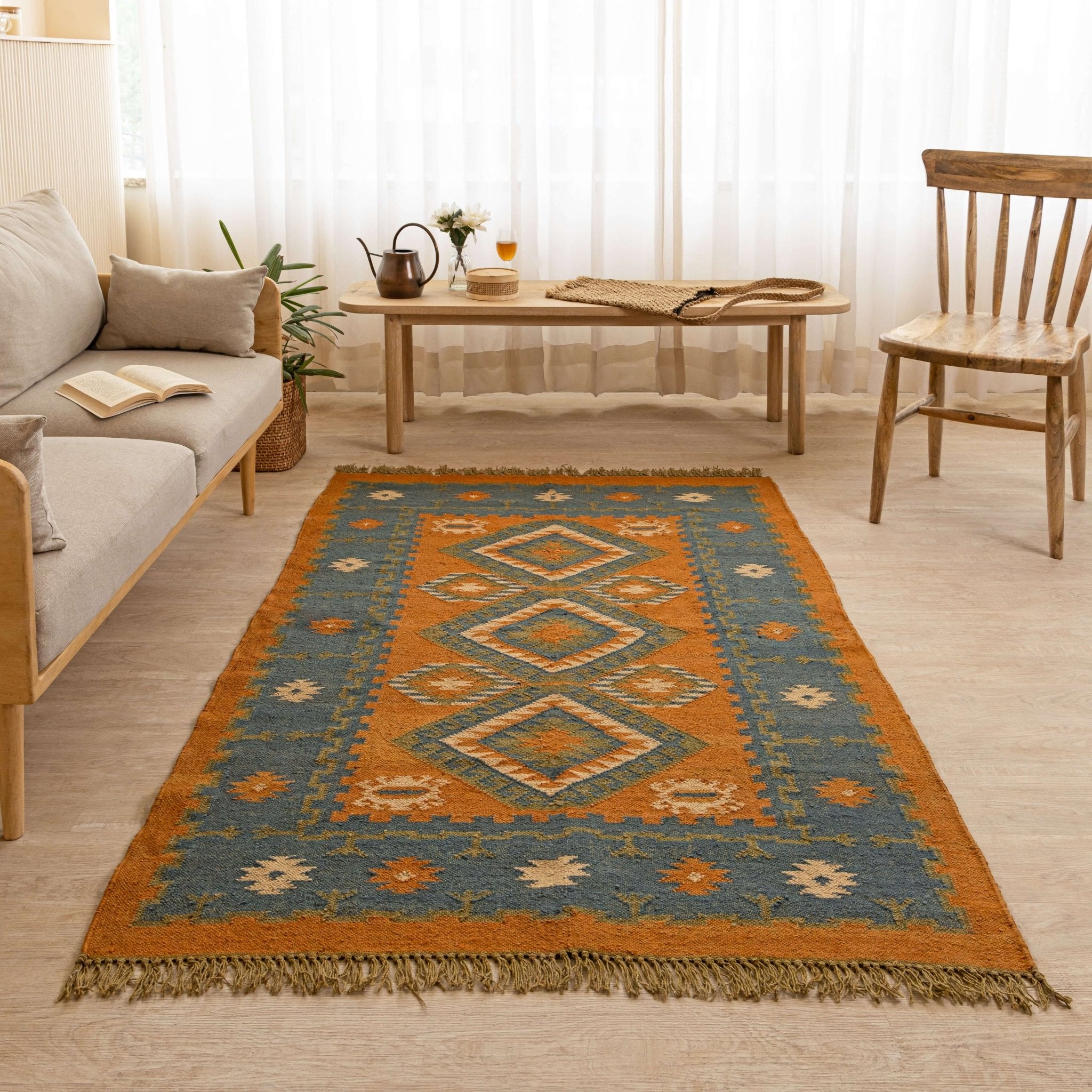 Handwoven Wool - Jute Geometric Area Rug - Vintage Earth Tones - Gahlot International