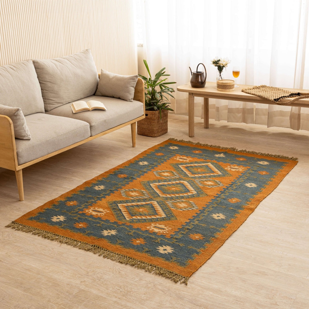 Handwoven Wool - Jute Geometric Area Rug - Vintage Earth Tones - Gahlot International