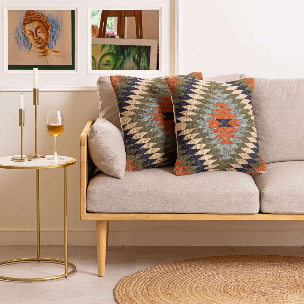 Handwoven Wool - Jute Kilim Cushion Covers - Southwestern Tribal Pattern, Rustic Home Decor - Gahlot International