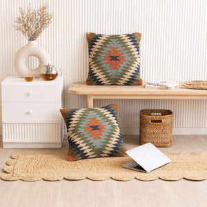 Handwoven Wool - Jute Kilim Cushion Covers - Southwestern Tribal Pattern, Rustic Home Decor - Gahlot Ftternational