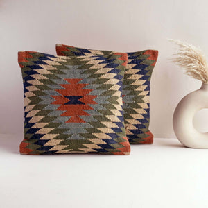 Handwoven Wool - Jute Kilim Cushion Covers - Southwestern Tribal Pattern, Rustic Home Decor - Gahlot Ftternational