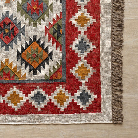 Handwoven Wool - Jute Tribal Kilim Rug - Multicolor Geometric Design - Gahlot International