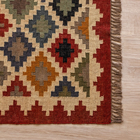 Handwoven Wool - Jute Tribal Kilim Rug - Rustic Geometric Charm - Gahlot International