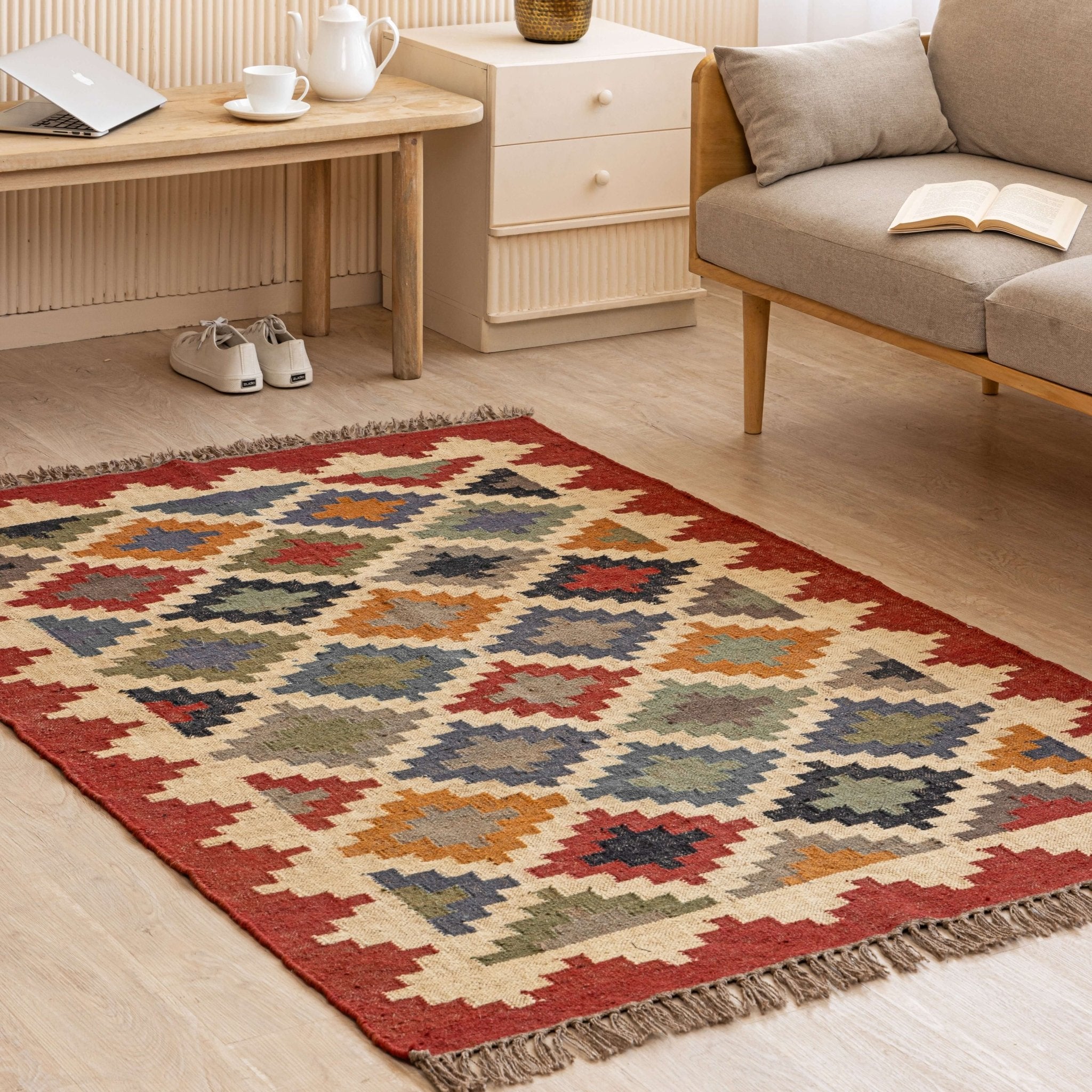 Handwoven Wool - Jute Tribal Kilim Rug - Rustic Geometric Charm - Gahlot International