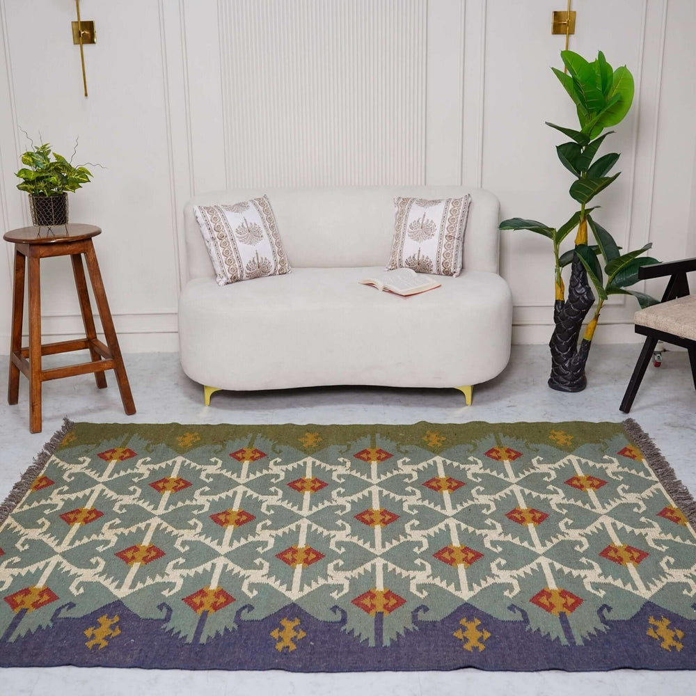Heritage Green Kilim Wool - Jute Wool Rug ¬ Handcrafted Traditional Indian Design - Gahlot International