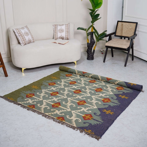 Heritage Green Kilim Wool - Jute Wool Rug – Handcrafted Traditional Indian Design - Gahlot International