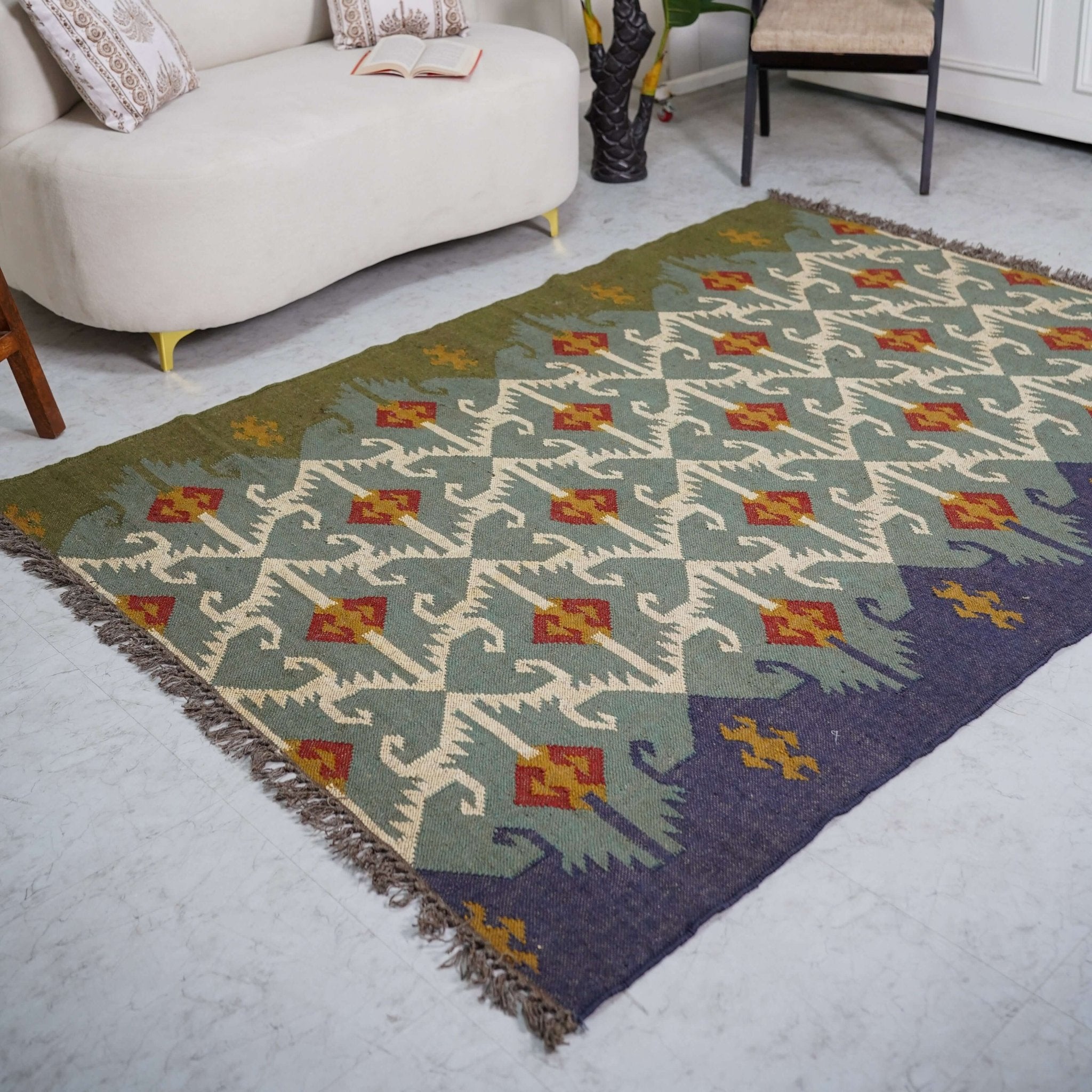 Heritage Green Kilim Wool - Jute Wool Rug – Handcrafted Traditional Indian Design - Gahlot International