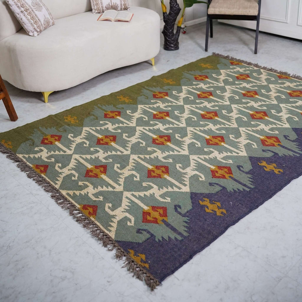 Heritage Green Kilim Wool - Jute Wool Rug ¬ Handcrafted Traditional Indian Design - Gahlot International