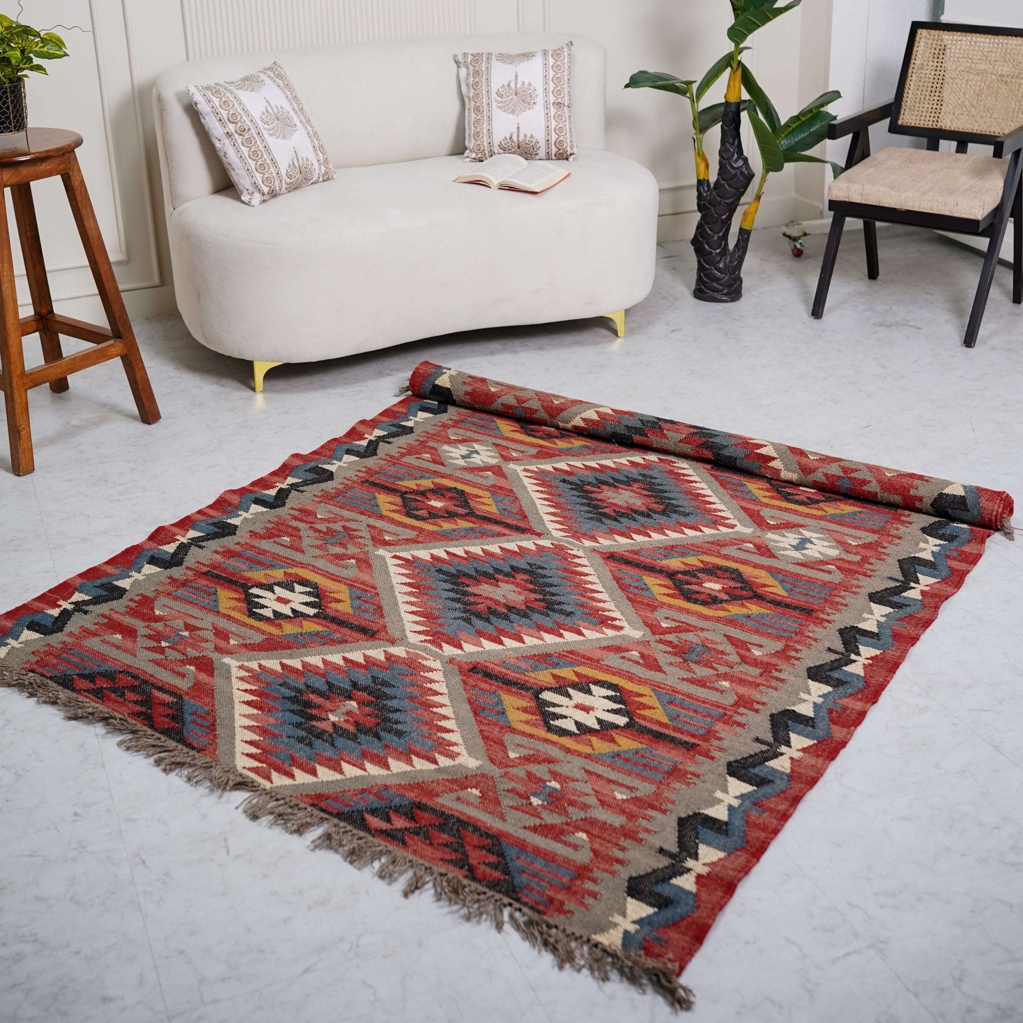 Heritage Handcrafted Wool - Jute Kilim Rug – Timeless Indian Geometric Masterpiece - Gahlot International