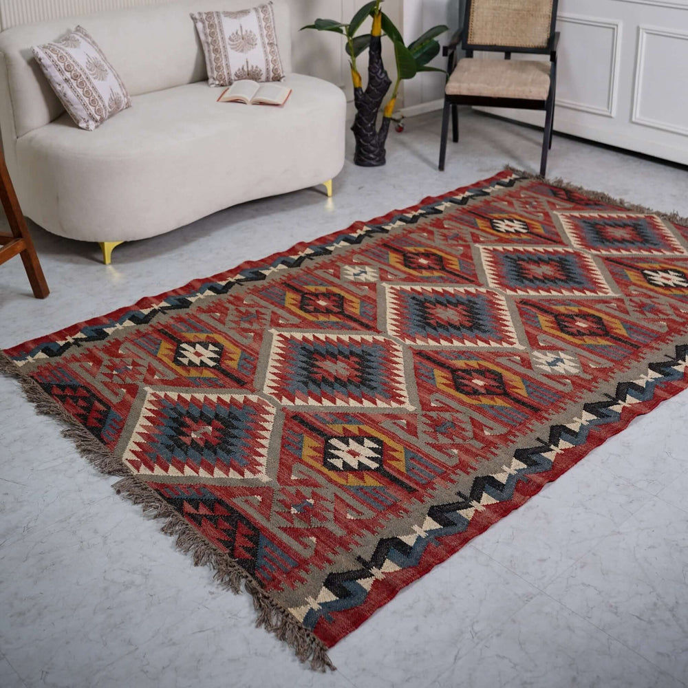Heritage Handcrafted Wool - Jute Kilim Rug ¬ Timeless Indian Geometric Masterpiece - Gahlot International
