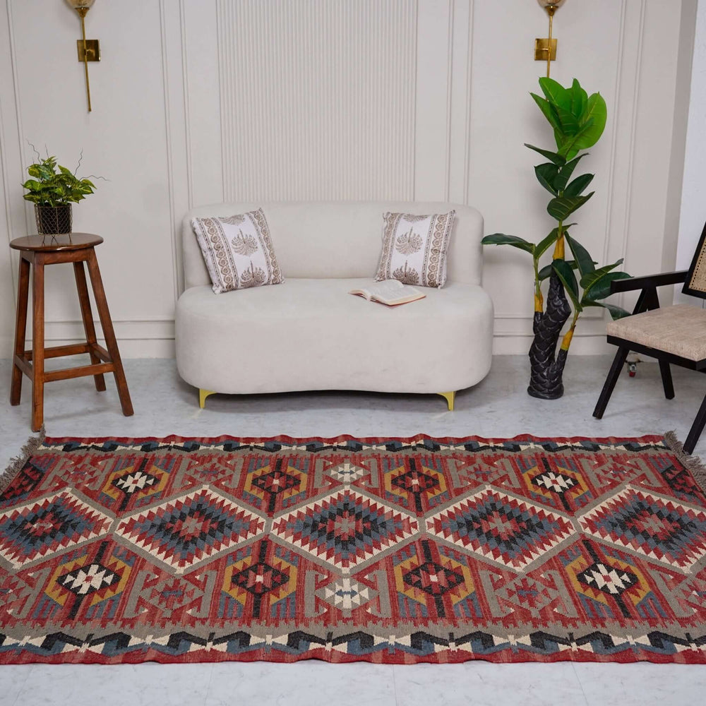 Heritage Handcrafted Wool - Jute Kilim Rug ¬ Timeless Indian Geometric Masterpiece - Gahlot International