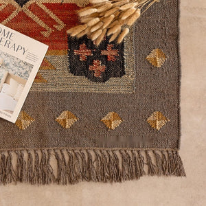 Handmade Vintage Boho Geometric Area Rug - Brown , Rust & Mustard Tribal Design