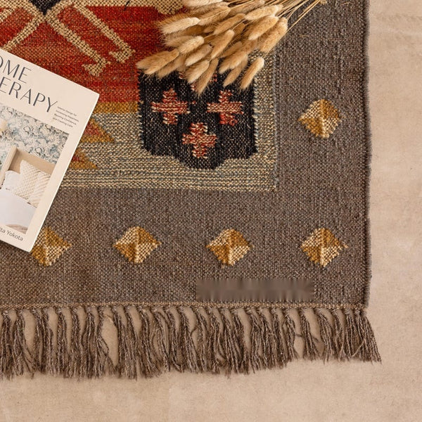 Handmade Vintage Boho Geometric Area Rug - Brown , Rust & Mustard Tribal Design