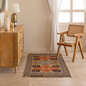 Handmade Vintage Boho Geometric Area Rug - Brown , Rust & Mustard Tribal Design