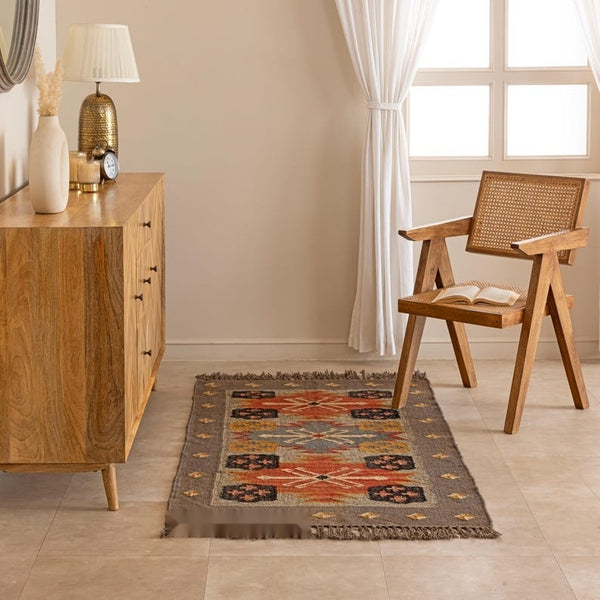 Handmade Vintage Boho Geometric Area Rug - Brown , Rust & Mustard Tribal Design