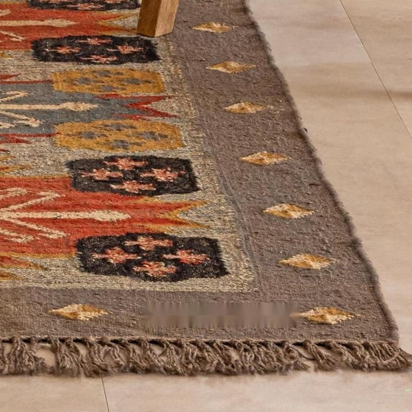 Handmade Vintage Boho Geometric Area Rug - Brown , Rust & Mustard Tribal Design