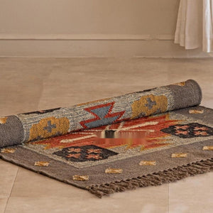 Handmade Vintage Boho Geometric Area Rug - Brown , Rust & Mustard Tribal Design