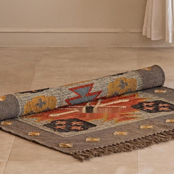Handmade Vintage Boho Geometric Area Rug - Brown , Rust & Mustard Tribal Design