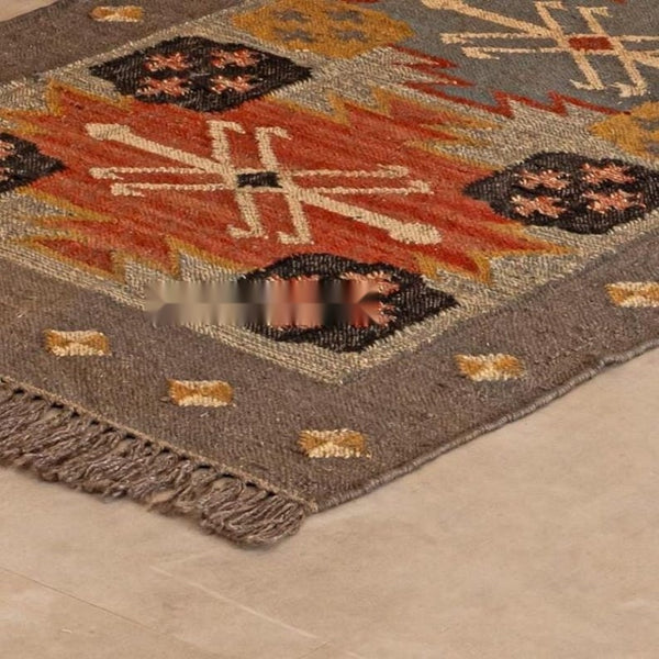Handmade Vintage Boho Geometric Area Rug - Brown , Rust & Mustard Tribal Design