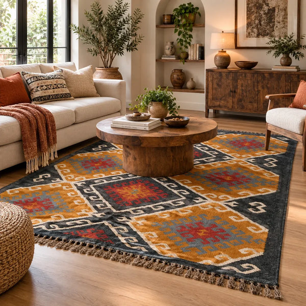 Large handwoven Kilim wool rug with a traditional geometric diamond motif in ochre yellow, charcoal black, terracotta rust, and grey, displayed vertically on a metal rack.