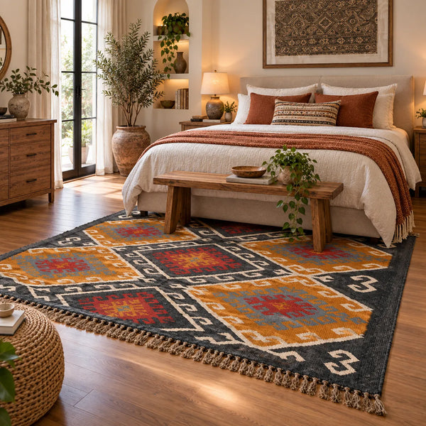 Large handwoven Kilim wool rug with a traditional geometric diamond motif in ochre yellow, charcoal black, terracotta rust, and grey, displayed vertically on a metal rack.