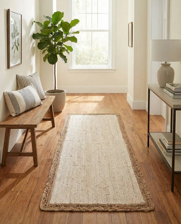 Cream and natural jute runner rug with handwoven texture styled in a bright hallway with wooden flooring and neutral furniture