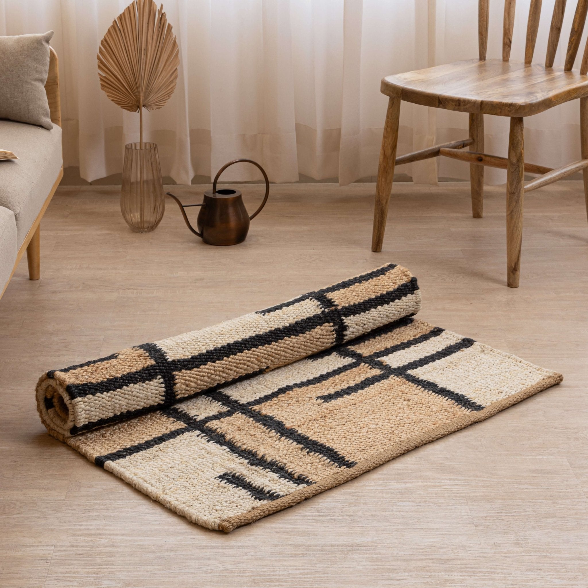 Modern Geometric Handmade Hemp Rug - Natural Beige, Black & White - Gahlot International