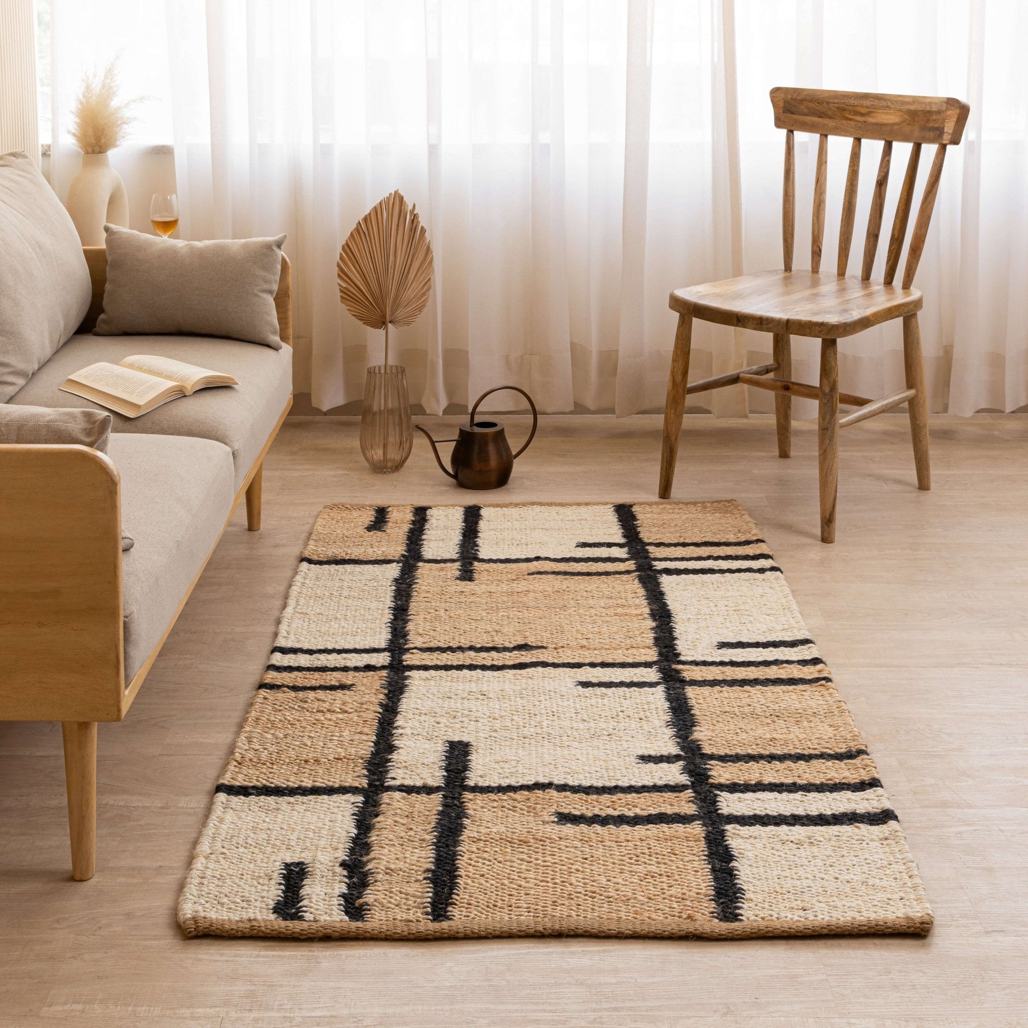 Modern Geometric Handmade Hemp Rug - Natural Beige, Black & White - Gahlot International