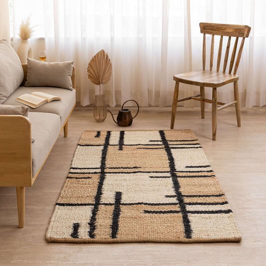 Modern Geometric Handmade Hemp Rug - Natural Beige, Black & White - Gahlot International