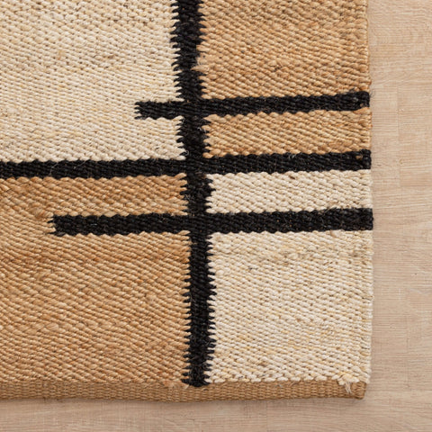 Modern Geometric Handmade Hemp Rug - Natural Beige, Black & White - Gahlot International