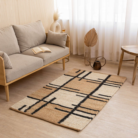 Modern Geometric Handmade Hemp Rug - Natural Beige, Black & White - Gahlot International