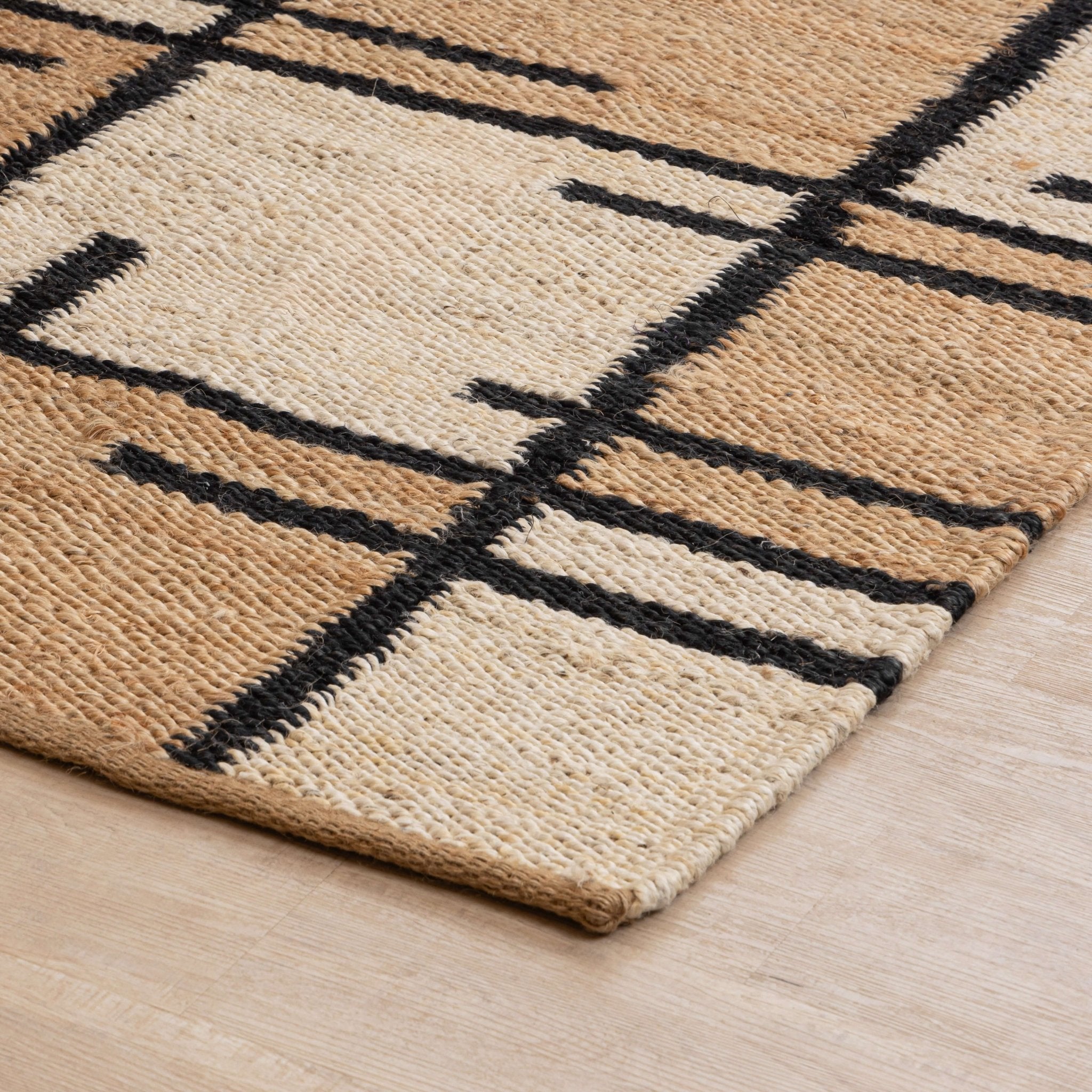 Modern Geometric Handmade Hemp Rug - Natural Beige, Black & White - Gahlot International