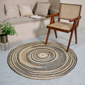 Natural Hand - Braided Hemp Round Rug with Black Spiral Accents ¬ Eco - Friendly, Artisan Crafted - Gahlot International