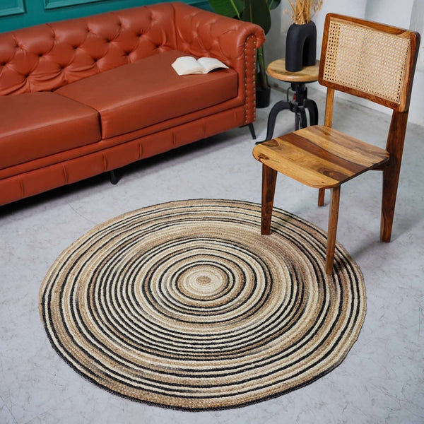Natural Hand - Braided Hemp Round Rug with Black Spiral Accents ¬ Eco - Friendly, Artisan Crafted - Gahlot International