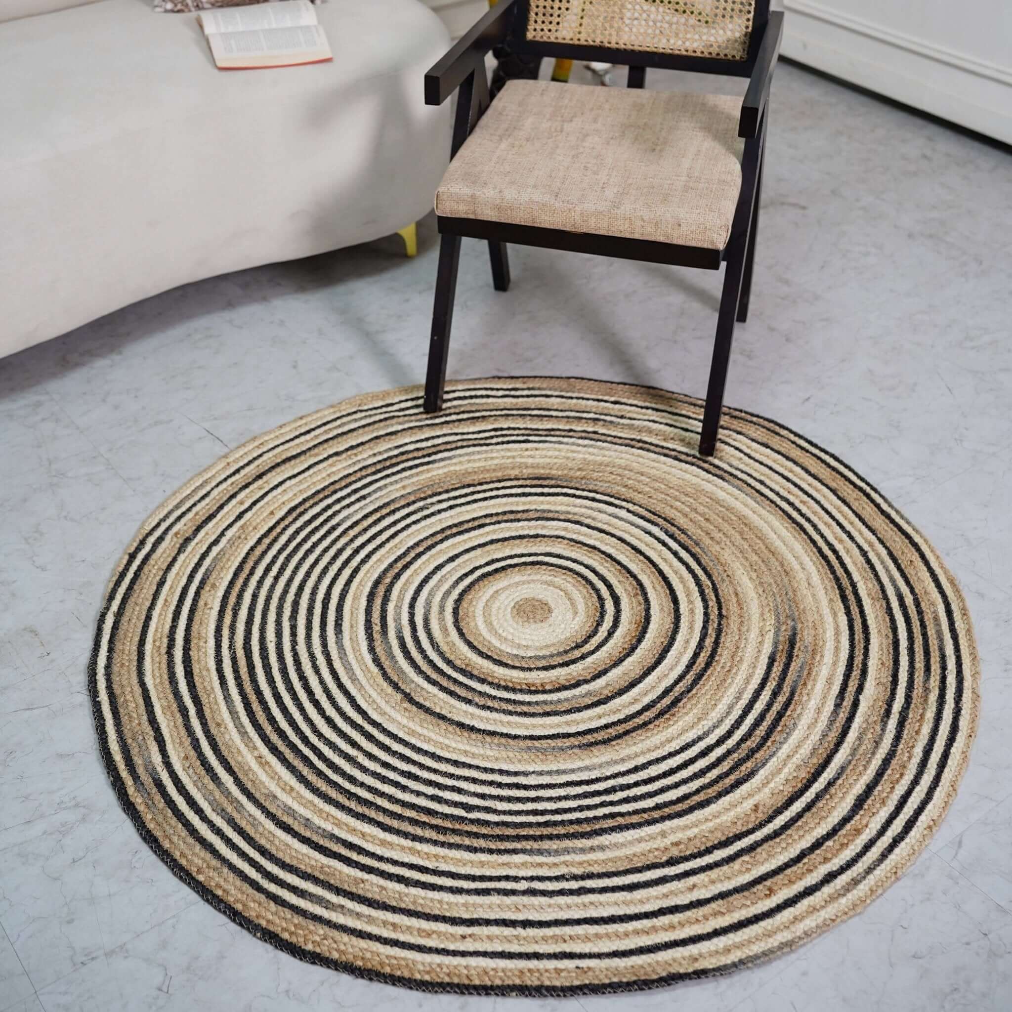 Round Abstract Jute Rug Round Jute Rug with Black Spiral DesignArtisan Handbraided Eco-Friendl