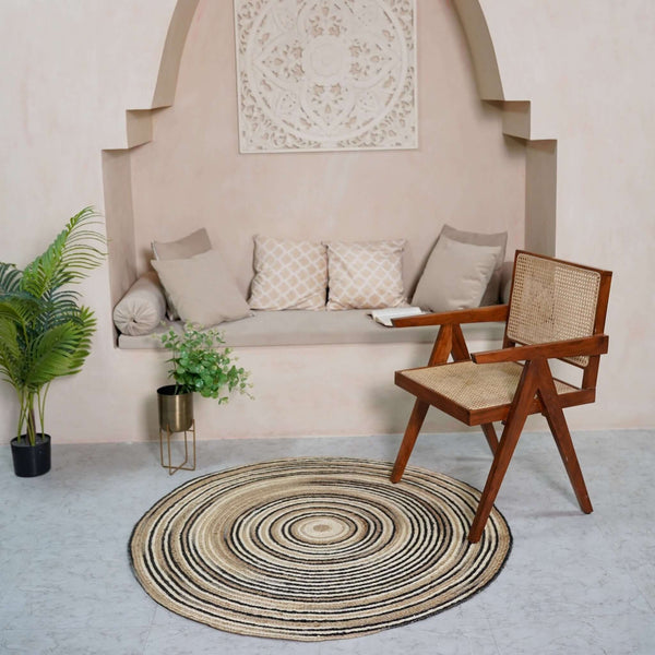 Natural Hand - Braided Hemp Round Rug with Black Spiral Accents ¬ Eco - Friendly, Artisan Crafted - Gahlot International